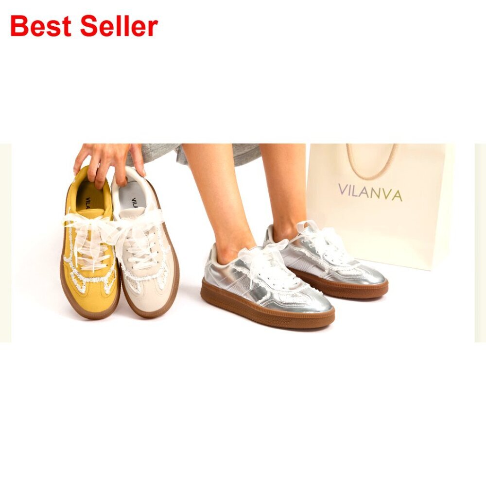 Lace Detail Fashion Sneakers with Retro Gum Sole, Faux Leather Upper - Picture 7 of 7